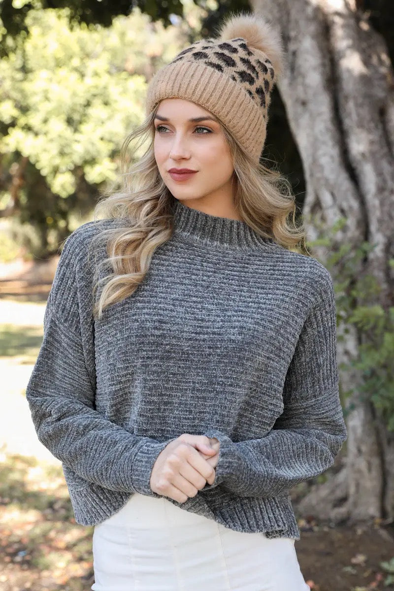Leto Collection Leopard Knit Beanie with Faux Fur Pom Pom - Camel