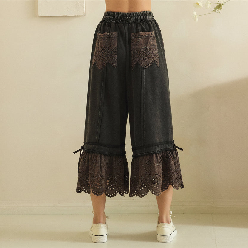 Close-up back view of teal green wide-leg pants showing eyelet patch pockets and scalloped ruffle hem
