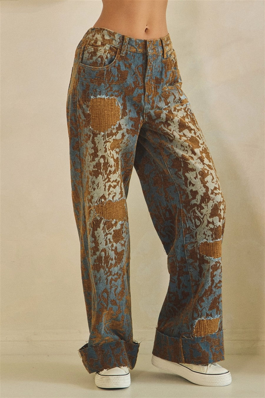 Oli & Hali burnout distressed wide-leg pants back view on model, showing elastic waistband and patch detail
