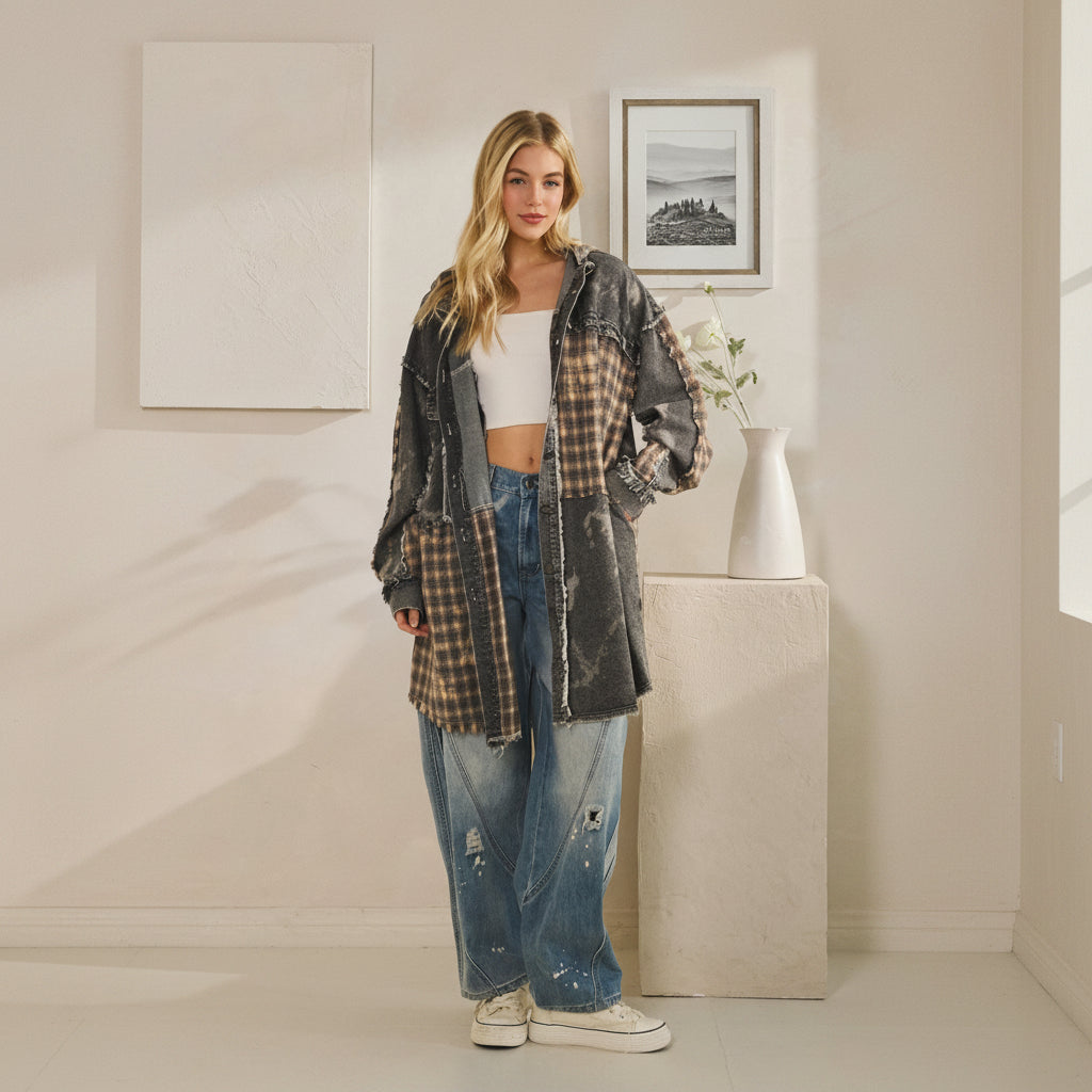 Oli & Hali black taupe longline patchwork shacket on model, full-length front view with frayed seam detail
