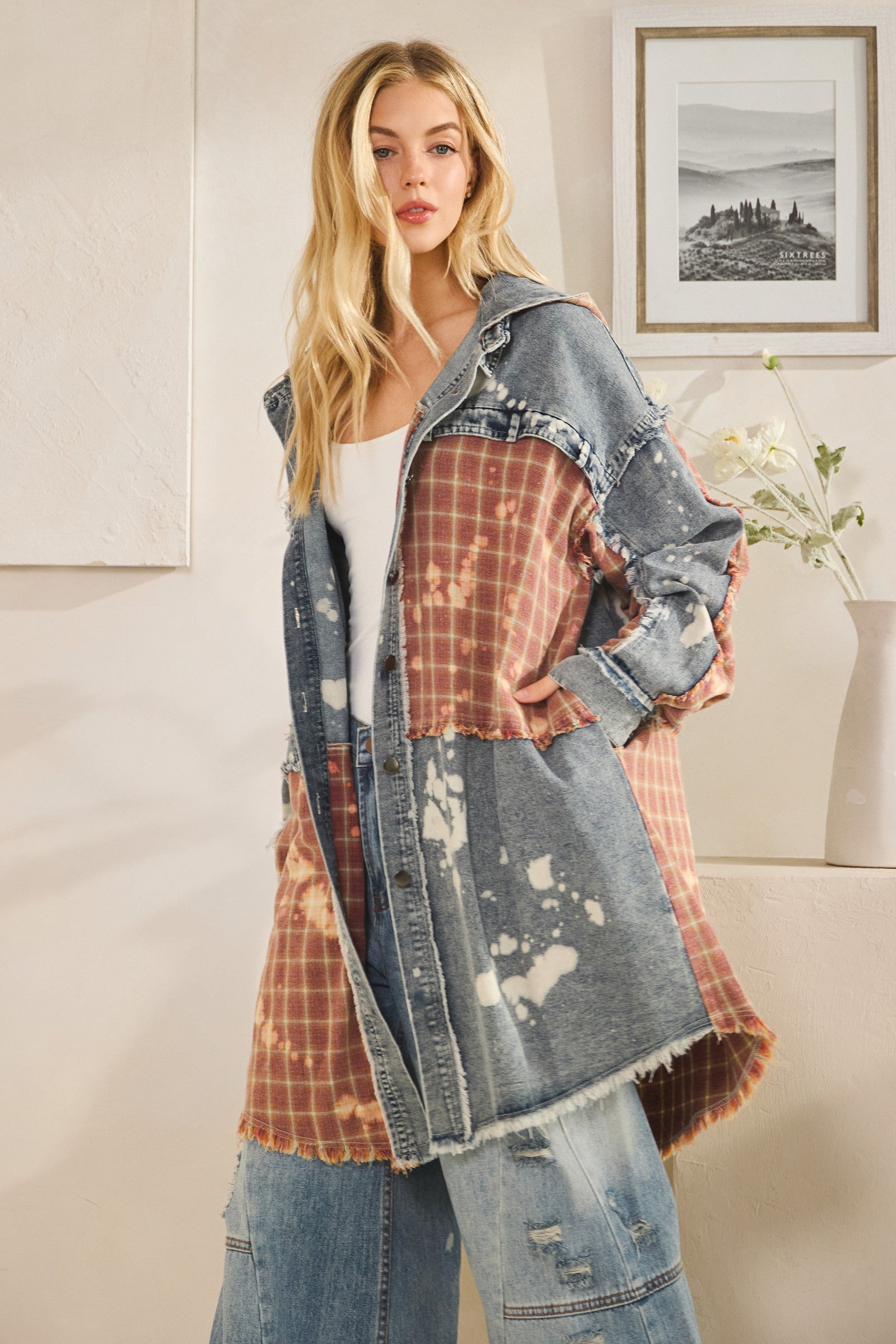 Oli & Hali denim marsala patchwork shacket on model, back view showing bleach-splatter panels and plaid hood
