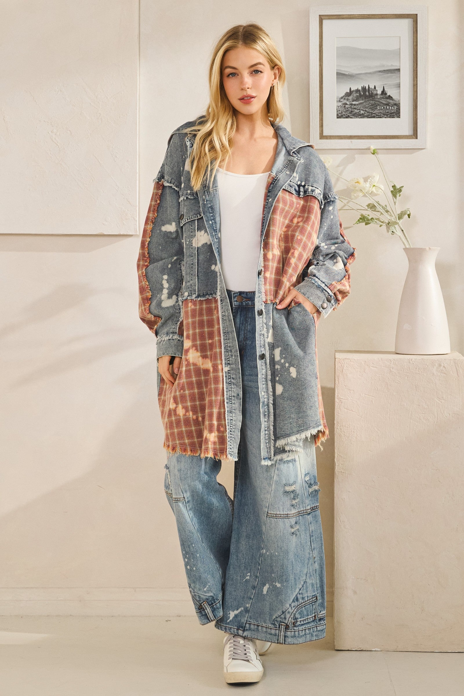 Oli & Hali denim marsala patchwork hooded shacket on model, full-length front view with plaid panel detail
