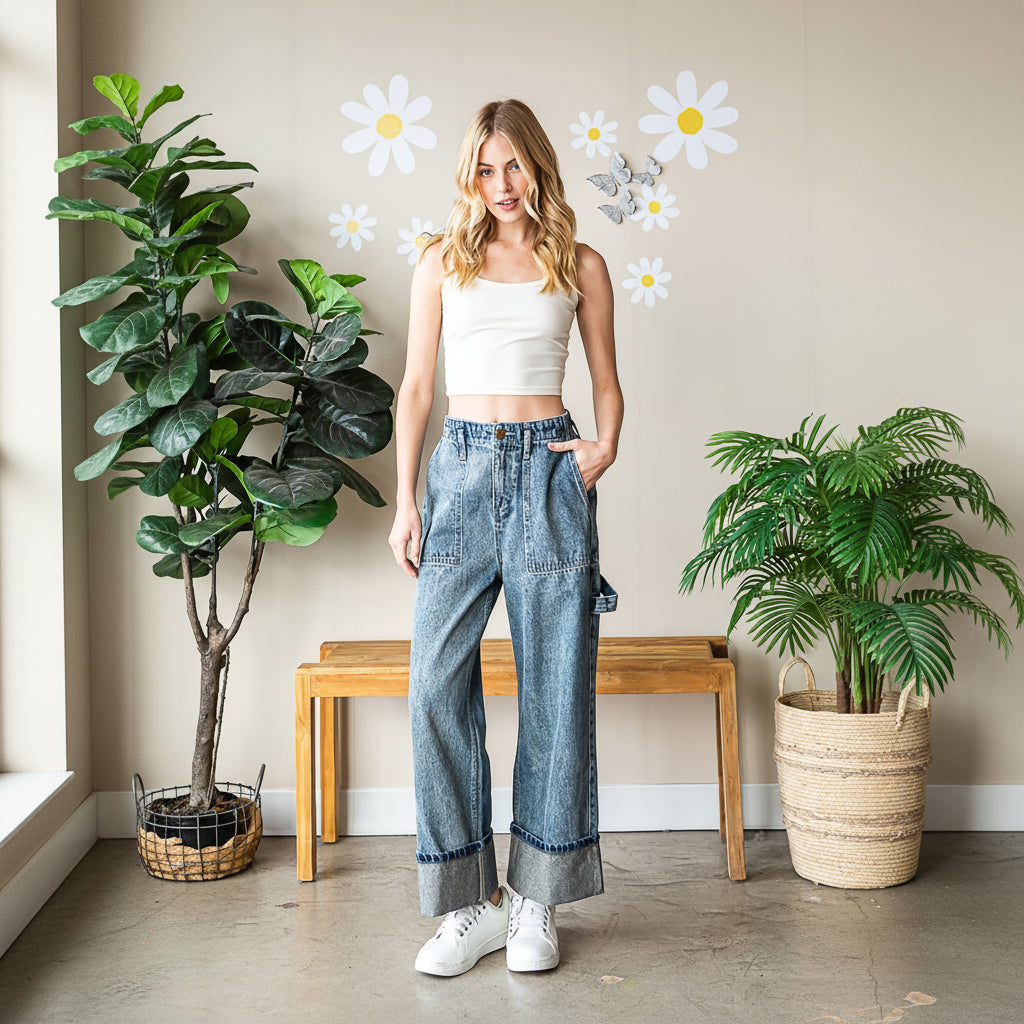 Oli & Hali Vintage Wash Wide-Leg Cuffed Denim Jeans