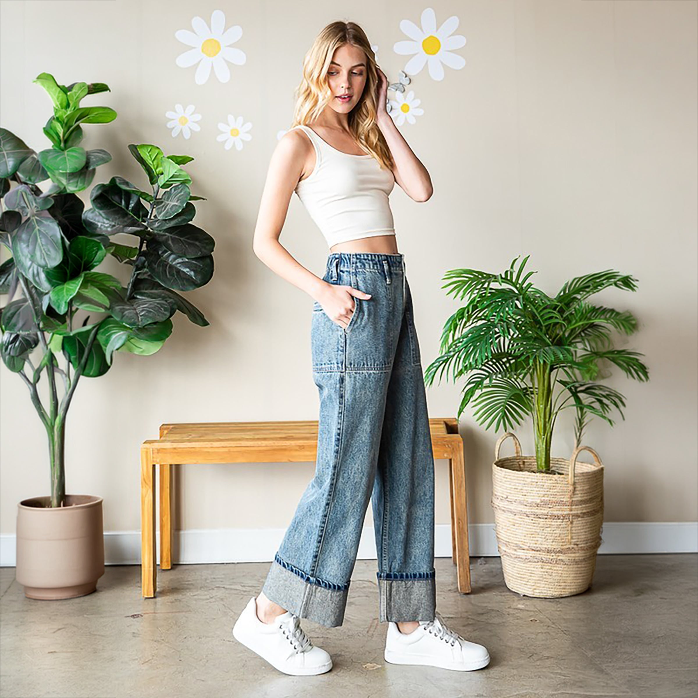 Oli & Hali Vintage Wash Wide-Leg Cuffed Denim Jeans
