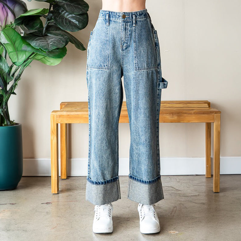 Oli & Hali Vintage Wash Wide-Leg Cuffed Denim Jeans