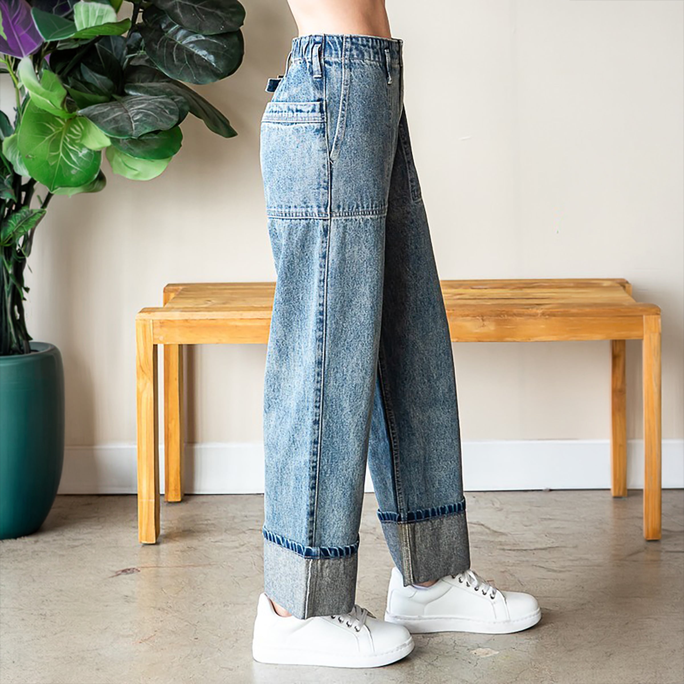 Oli & Hali Vintage Wash Wide-Leg Cuffed Denim Jeans
