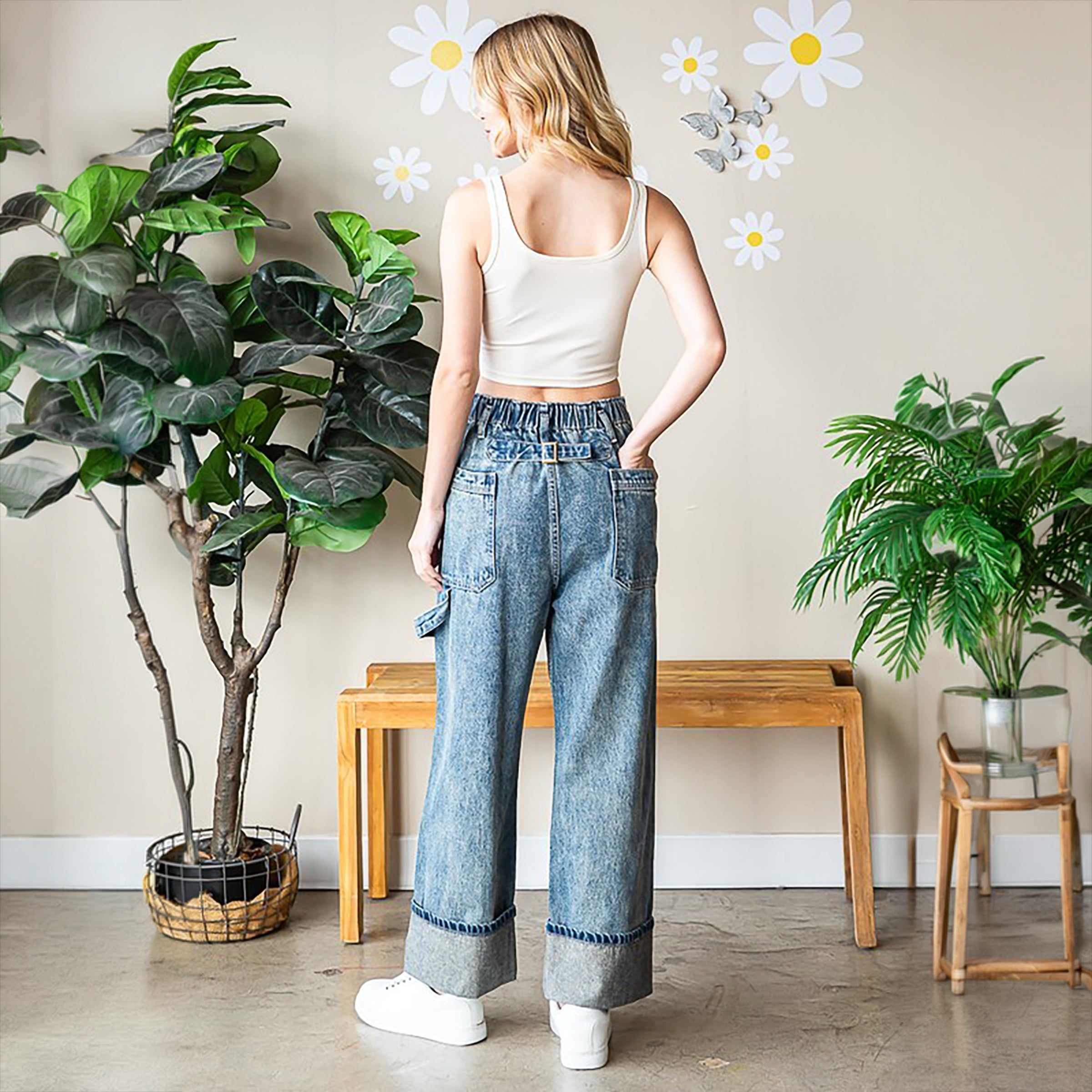 Oli & Hali Vintage Wash Wide-Leg Cuffed Denim Jeans