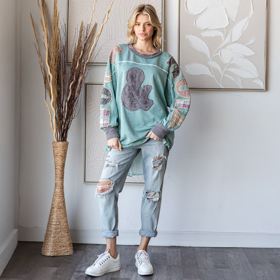 Oli & Hali women's sage patchwork pullover top with ampersand appliqué, front view on model - BellanBlue
