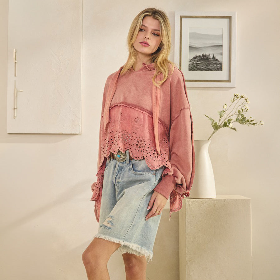 Oli & Hali women's pink washed terry eyelet sweatshirt on model, front view with scalloped hem detail - BellanBlue
