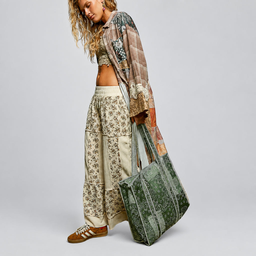 POL Clothing women's Green Multi paisley quilted tote close-up while carried