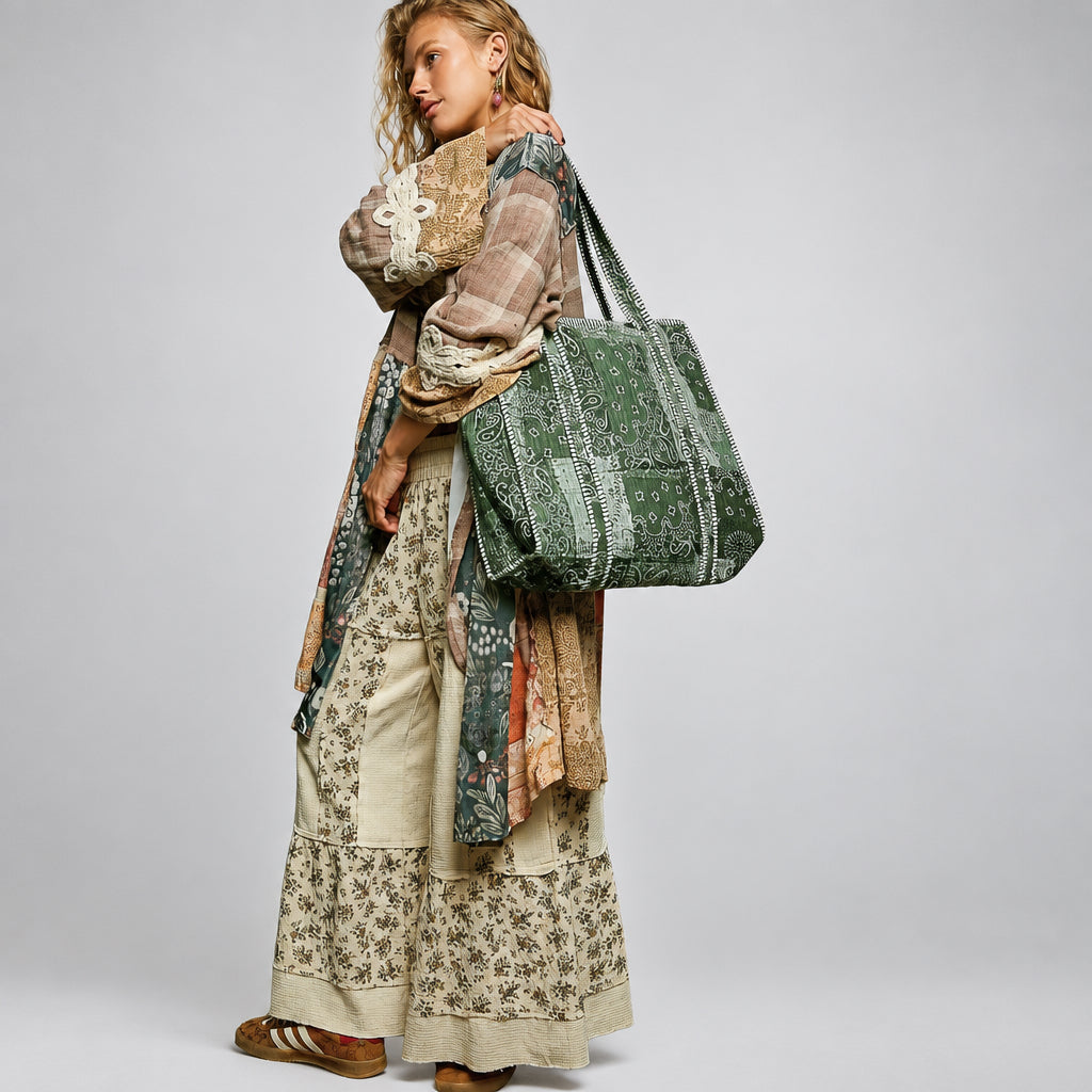 POL Clothing women's Green Multi quilted tote shown from a side angle