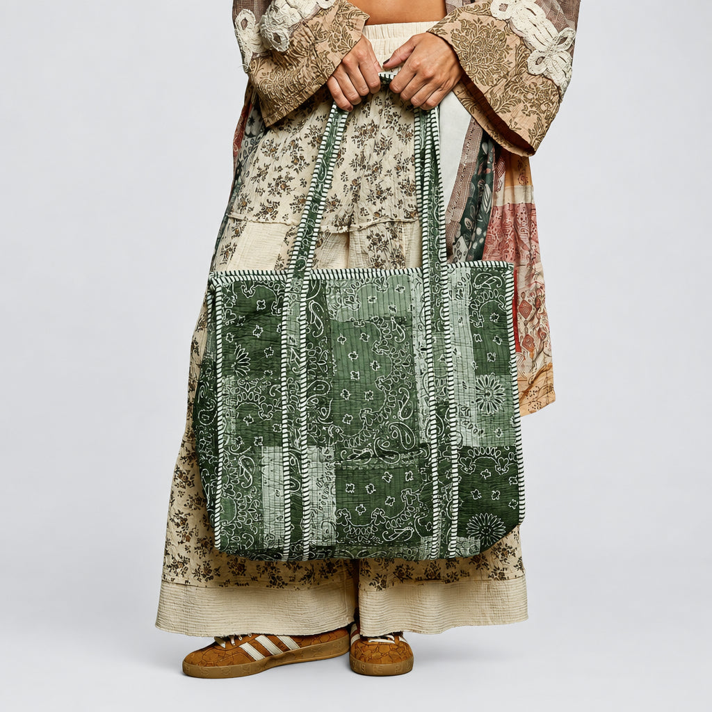 POL Clothing women's Green Multi paisley quilted tote carried over the shoulder in a boho outfit