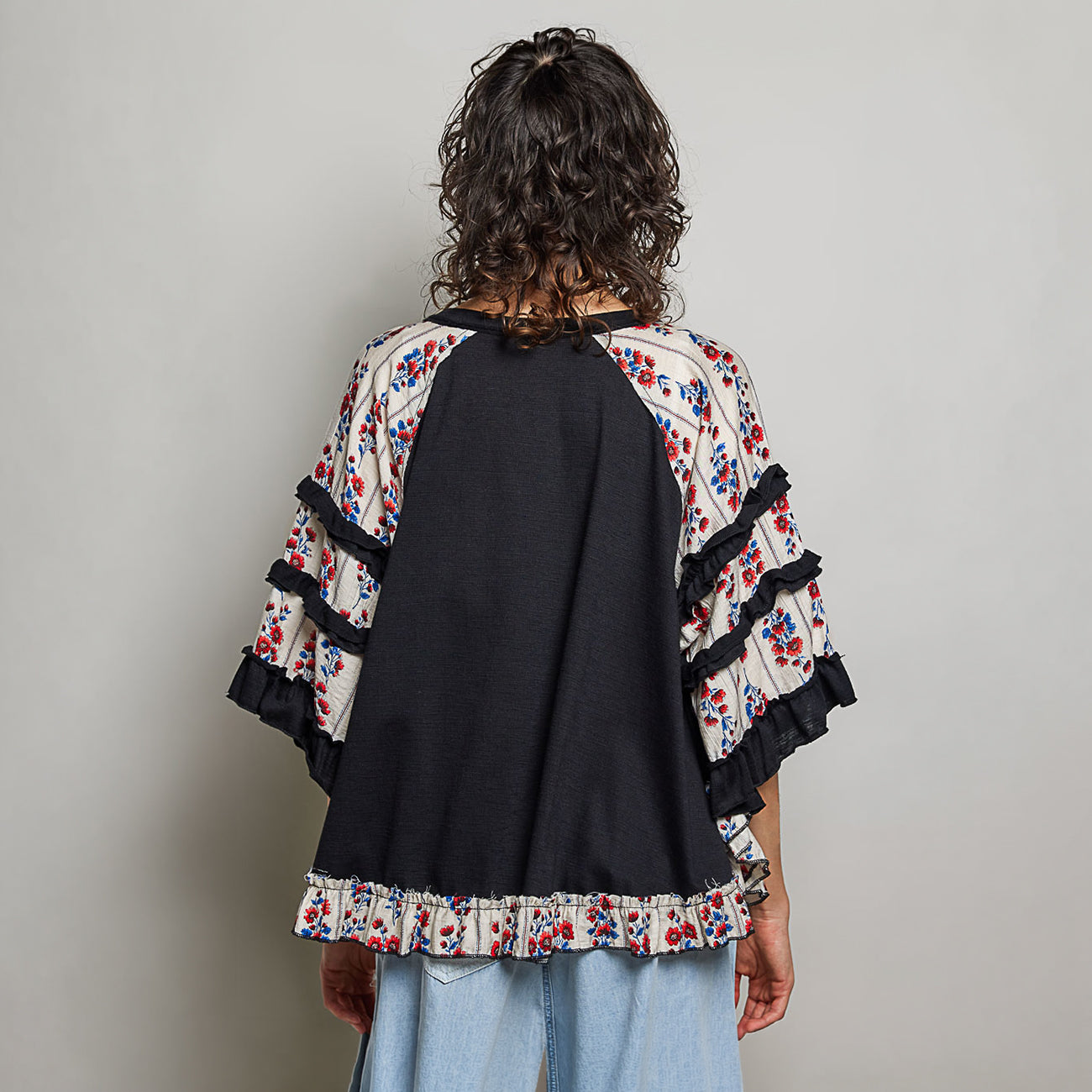 POL Clothing women's oversized black knit top with cream crochet lace chest panel - BellanBlue