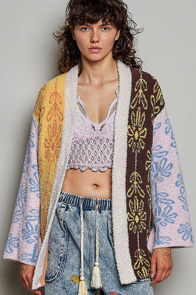 POL Powder Beige Multi colorblock bouclé cardigan on model, full-length front view, open-front styling - BellanBlue
