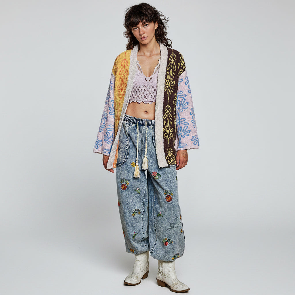 POL Powder Beige Multi floral jacquard cardigan on model, full-length front view, styled with wide-leg denim
