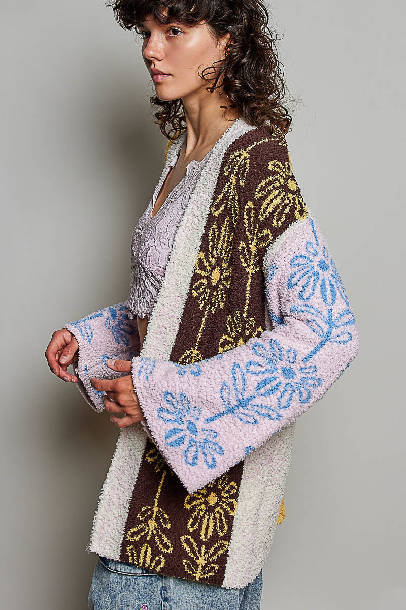 POL Powder Beige Multi bouclé cardigan on model, side view showing sleeve detail and open-front silhouette
