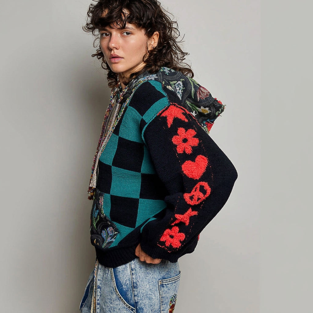POL Clothing close-up of dark floral tapestry hood with raw-edge seam and coral appliqués