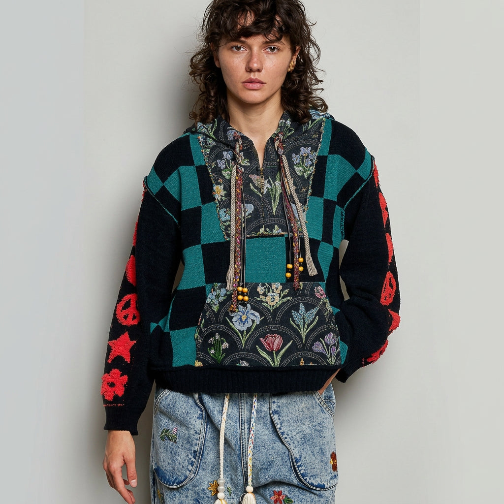 POL Clothing black hoodie back view with vertical coral appliqués and floral tapestry hood