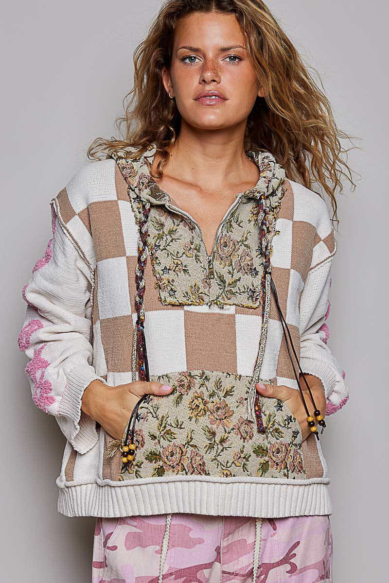 POL Clothing cream floral tapestry yoke detail with star accents, half zipper and braided drawcord