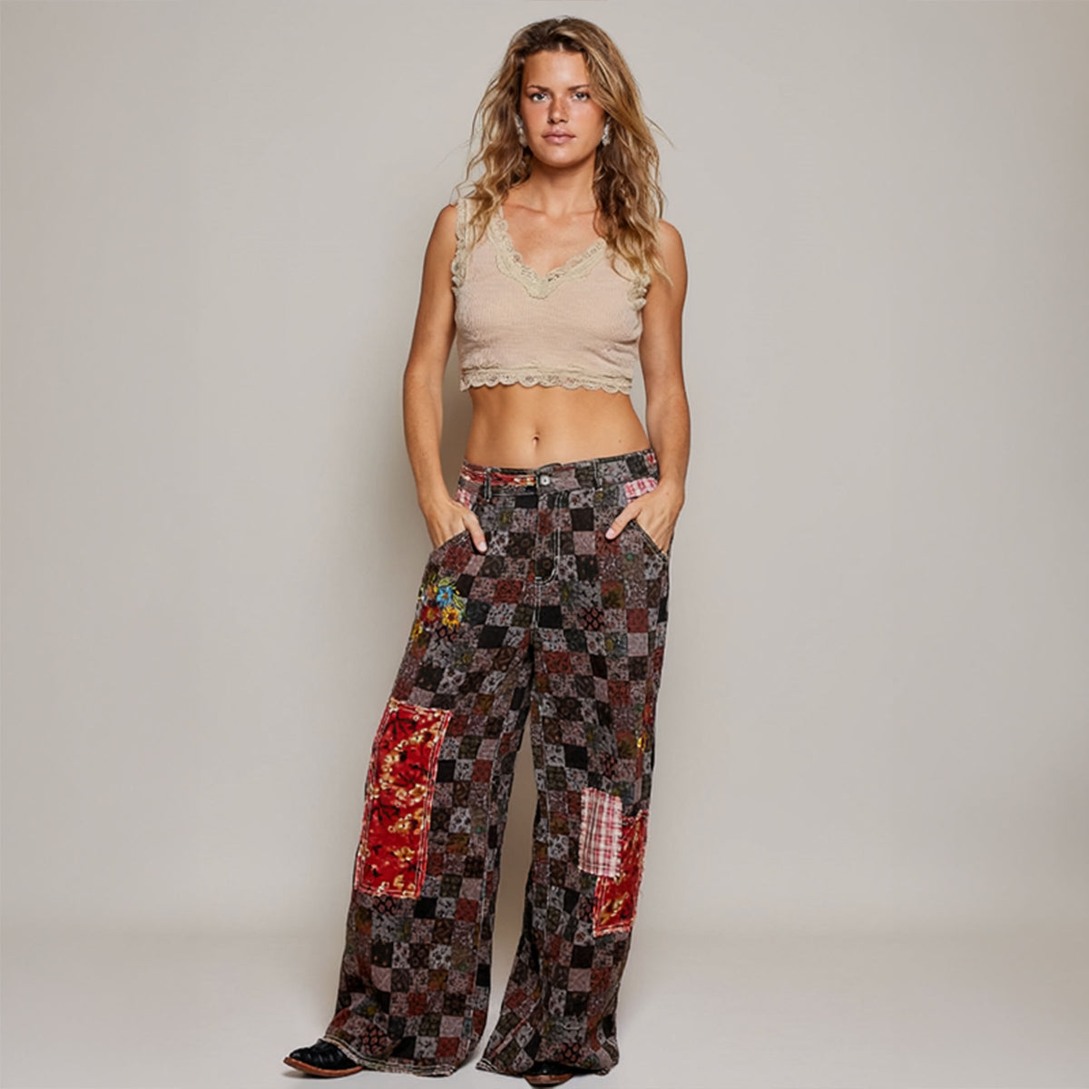 POL Clothing women's burgundy paisley patchwork pants, full front view with floral patches and embroidery