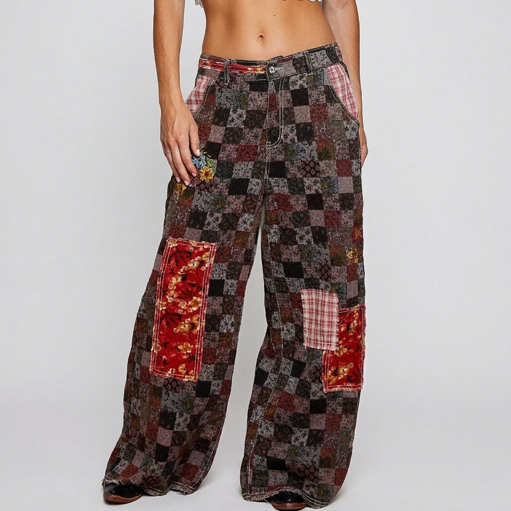 POL Clothing women's burgundy paisley patchwork straight-leg pants, front view with red floral patches
