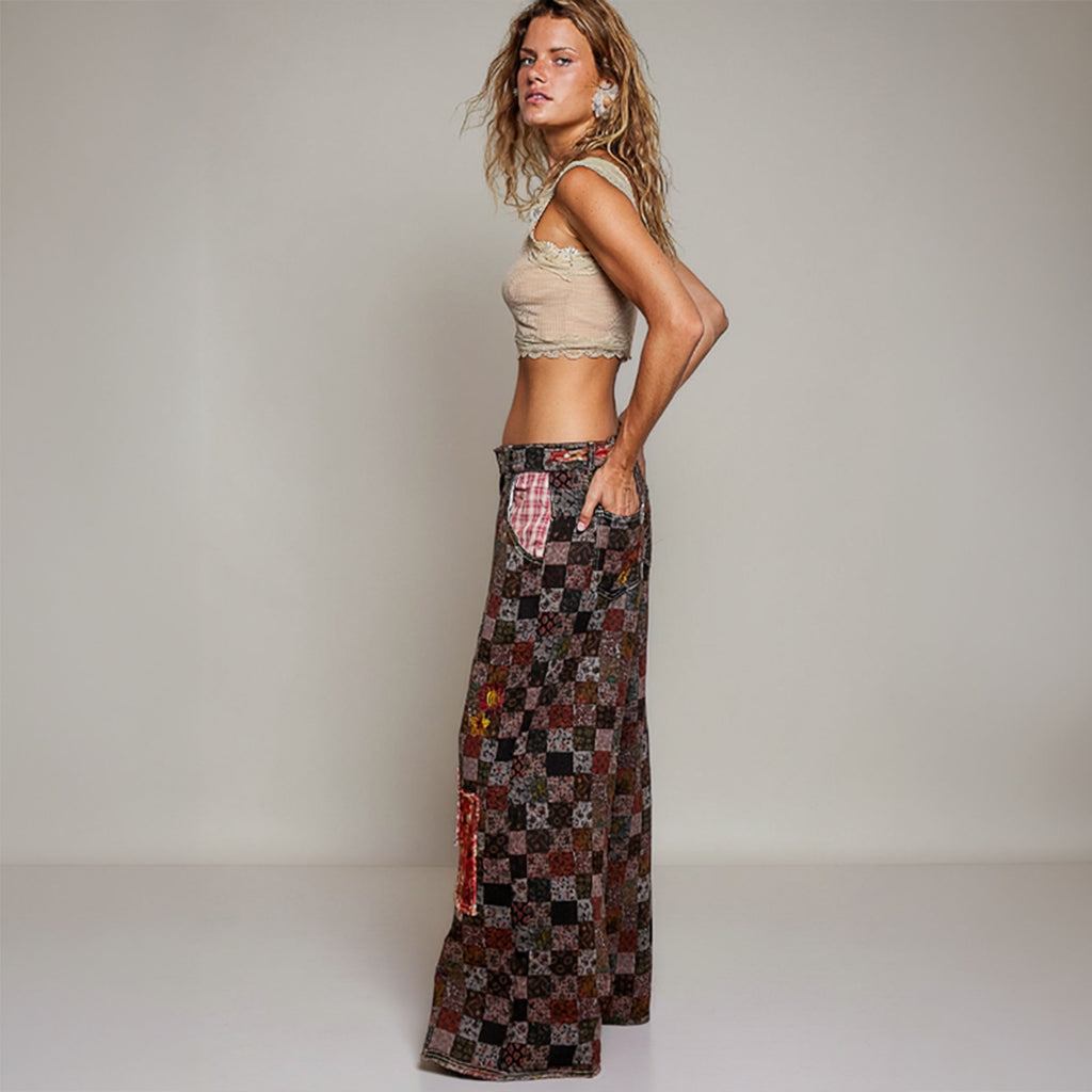 POL Clothing women's burgundy paisley pants, close-up of pink plaid pocket insert and button waistband