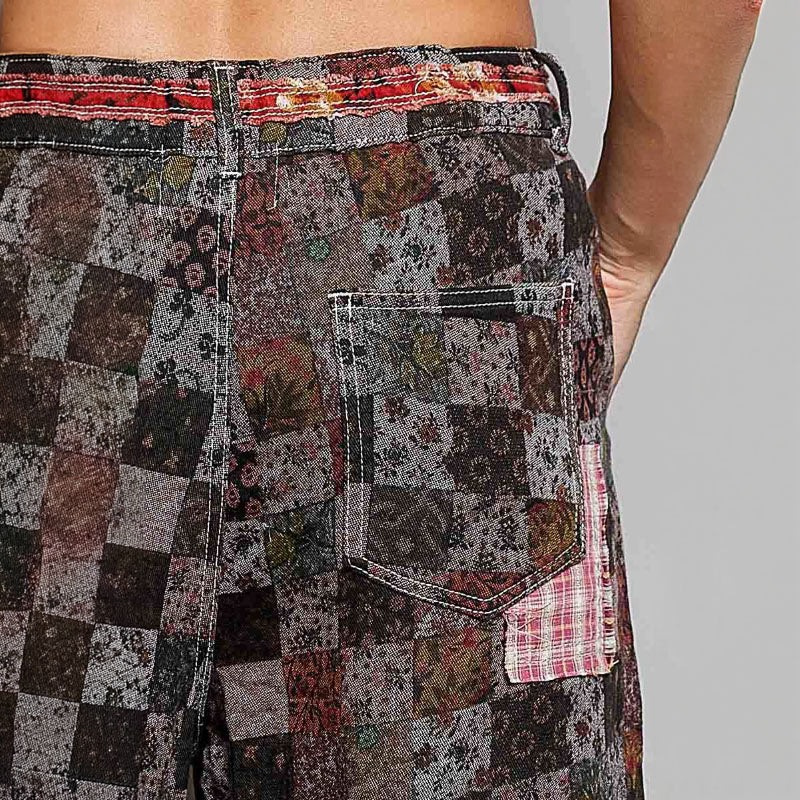 POL Clothing women's burgundy paisley pants, back-pocket detail with plaid patch and contrast stitching