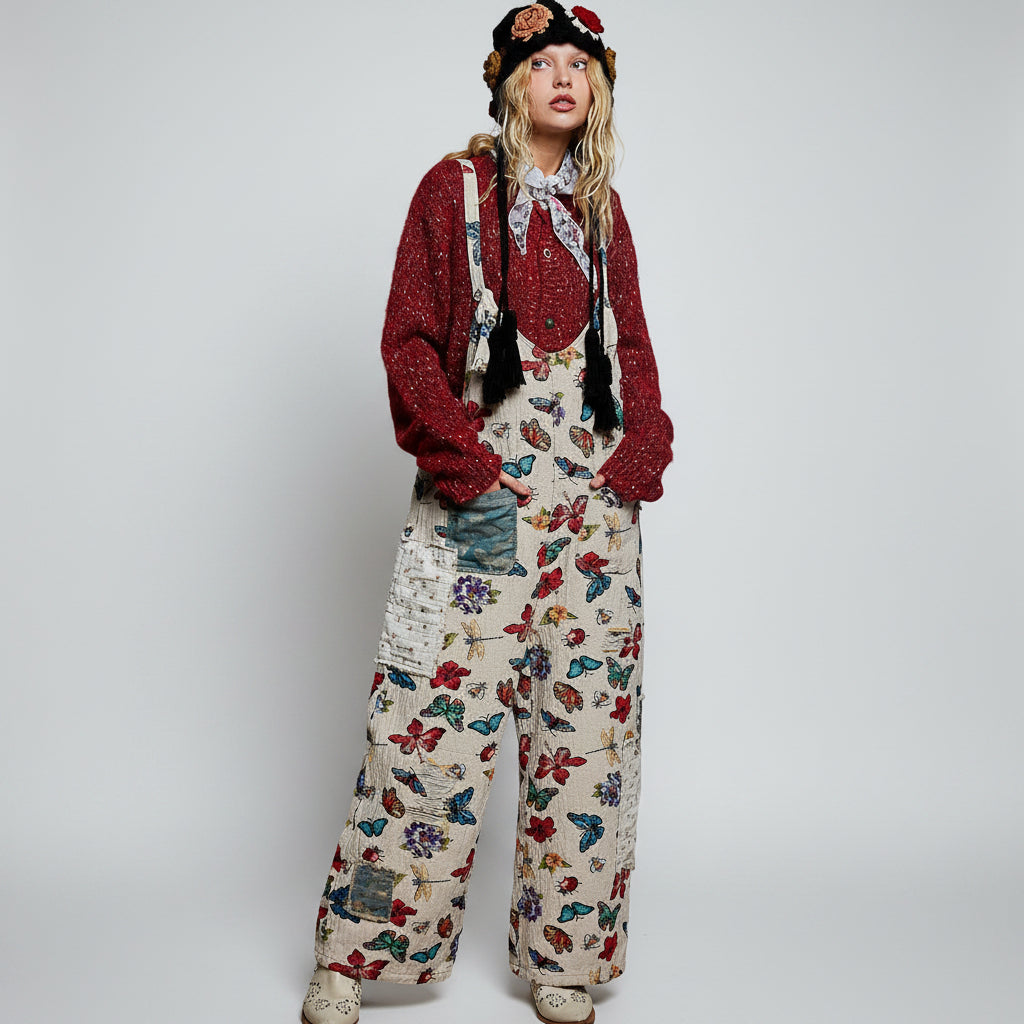 POL almond butterfly print wide-leg overalls on model, full-length front view with layered styling - BellanBlue
