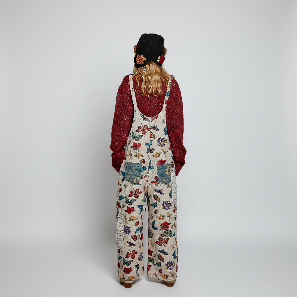 POL almond butterfly print overalls on model, back view showing denim patch pockets and patchwork panel detail
