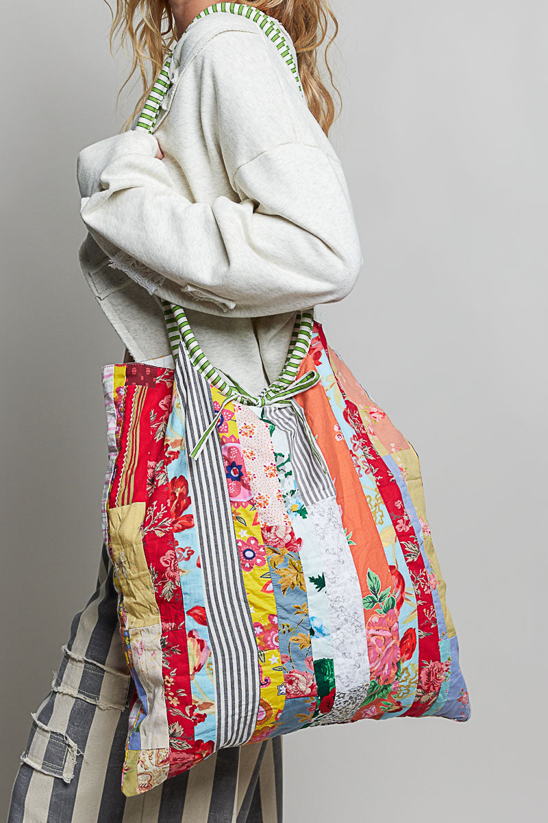 POL Clothing cream multi quilted patchwork tote bag open top interior view
