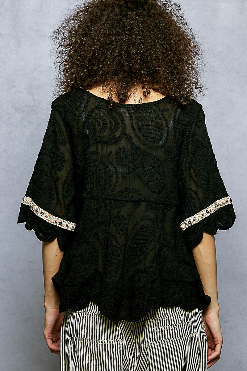 POL Crochet Lace-Up V-Neck Tassel Top
