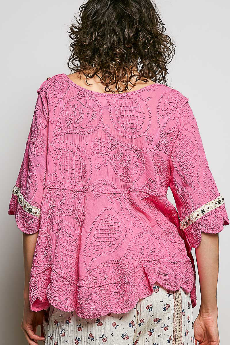POL women's pink crochet blouse on model, back view showing embroidered texture and scalloped hem
