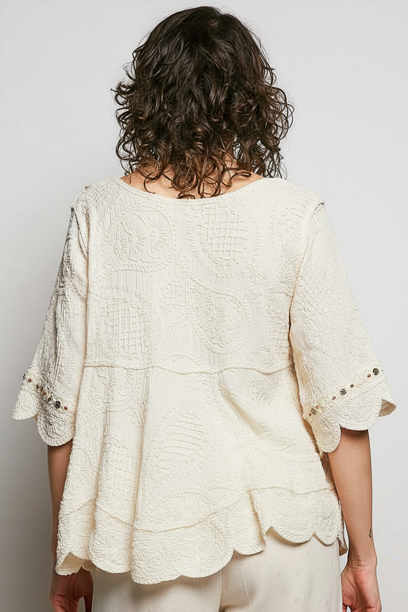 POL women's off white crochet blouse on model, back view showing embroidered texture and contrast cuff trim

