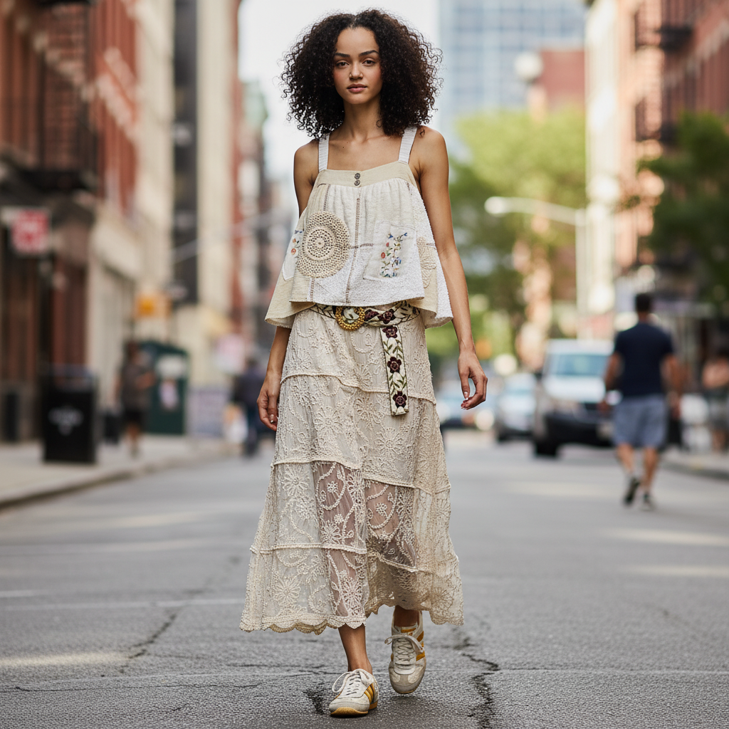 POL tiered floral lace maxi skirt in Natural — full-length side view on model, styled with a patchwork cami and sneakers.
