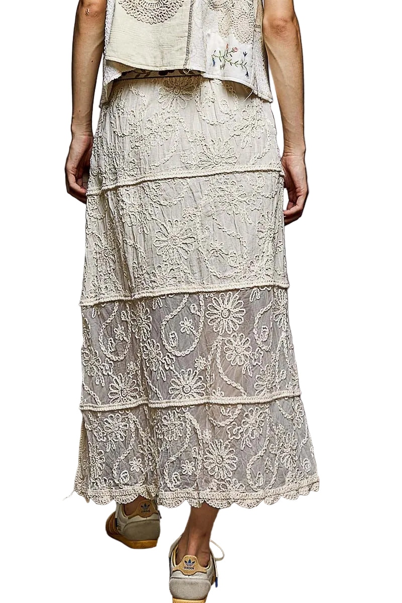 Person wearing a layered lace dress against a plain background