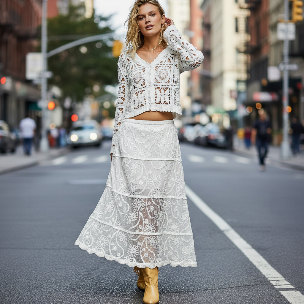 POL tiered floral lace maxi skirt in Off White — front view on model, full length, styled with a cami top and woven belt.