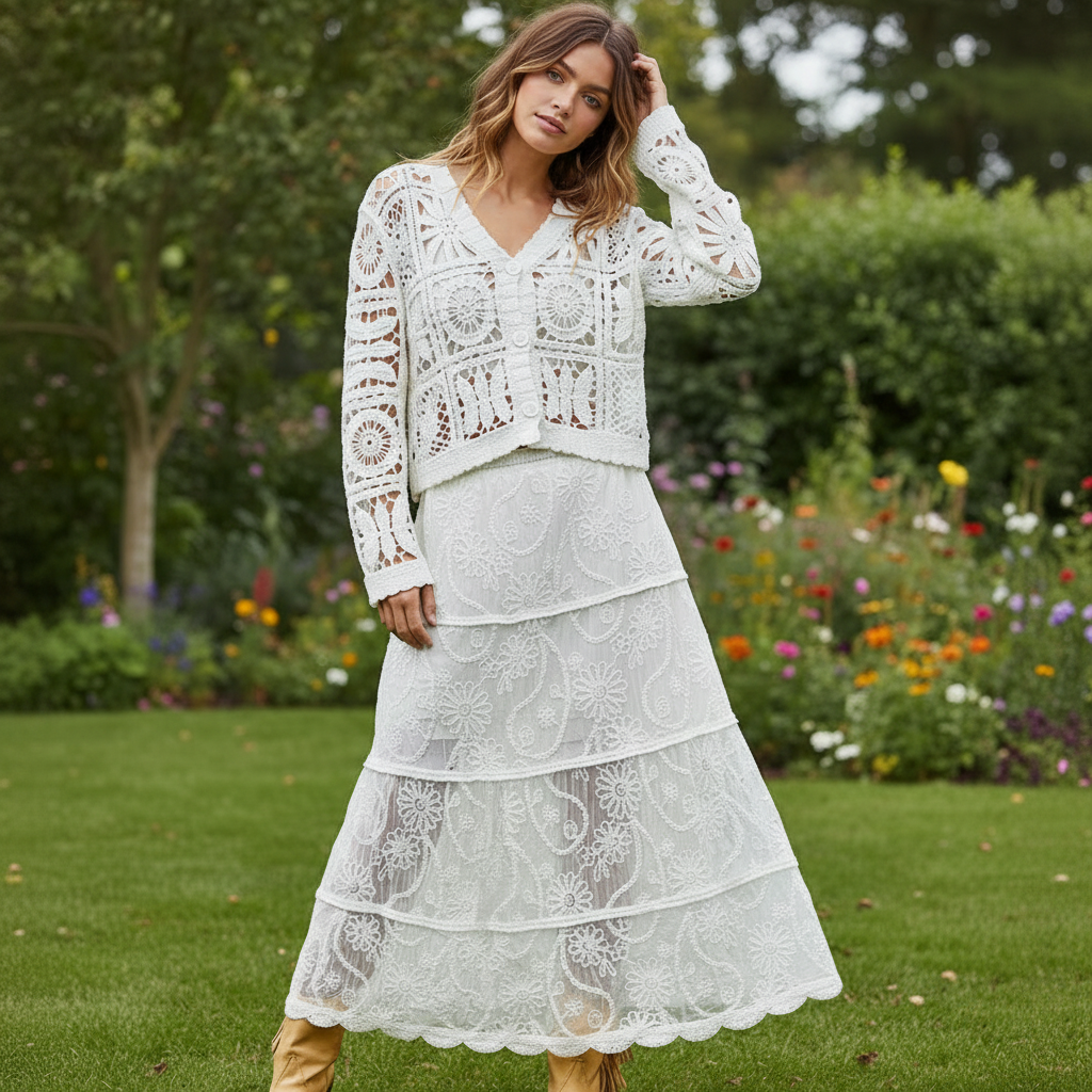 POL tiered floral lace maxi skirt in Off White — close-up side view of lower lace tiers and scalloped hem detail.