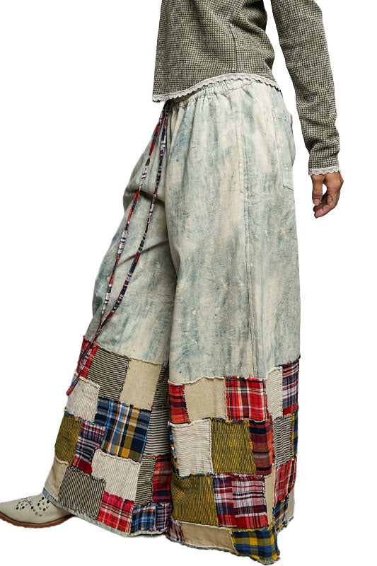 POL Light Denim Blue Patchwork Wide-Leg Pants