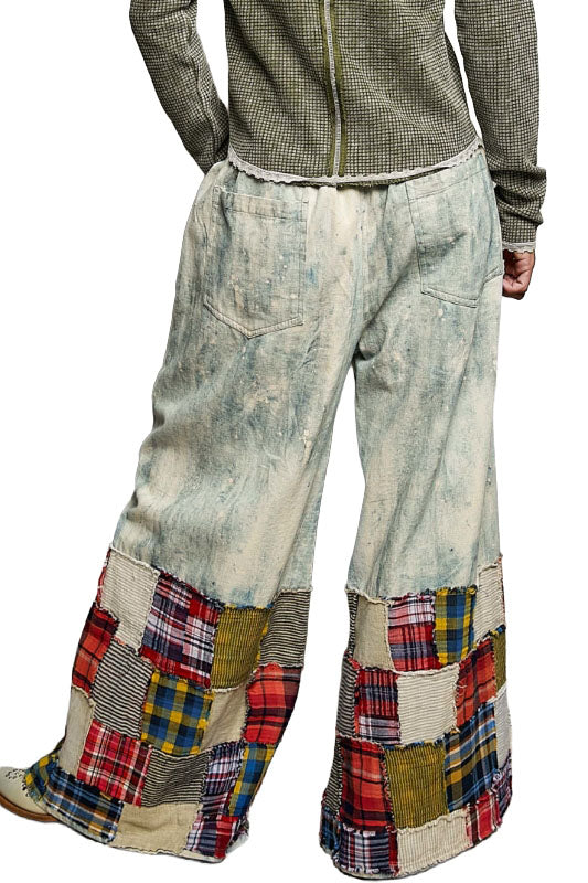 POL Light Denim Blue Patchwork Wide-Leg Pants