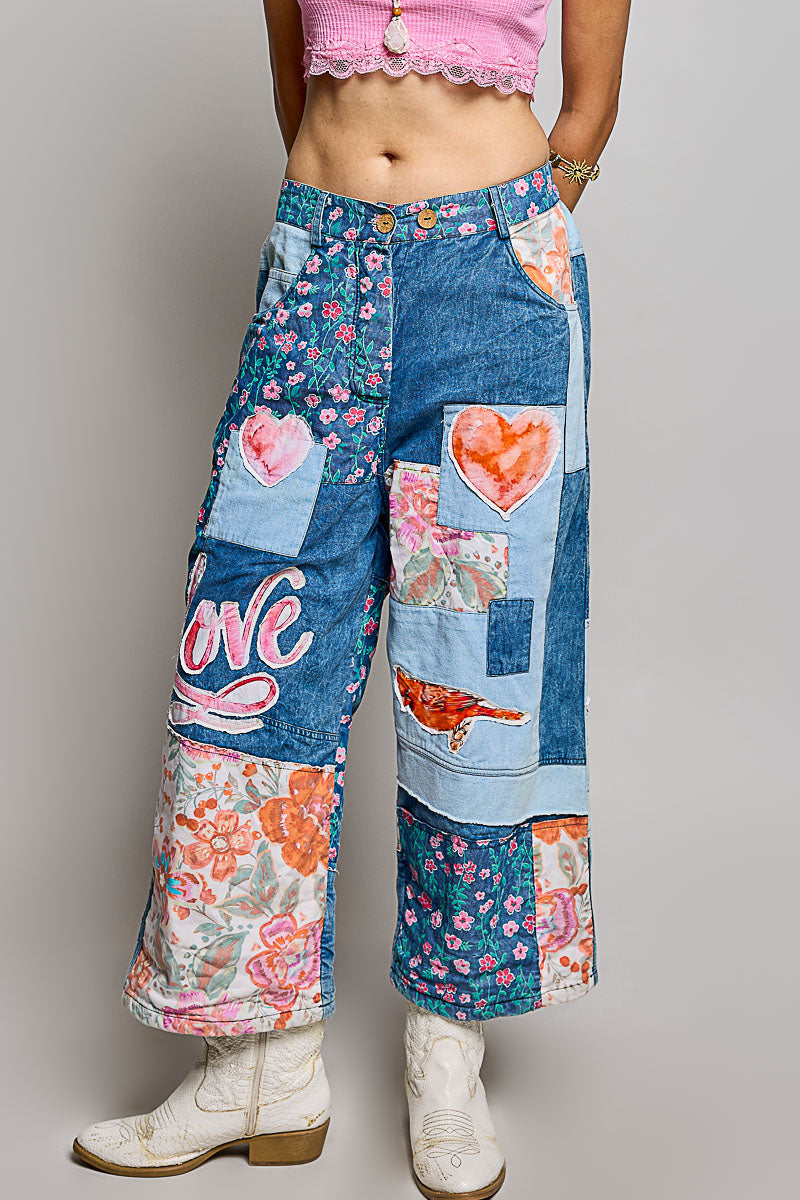 POL Clothing women's POL Patchwork Wide-Leg Denim Pants - Denim Multi featuring relaxed wide-leg fit and contrast denim