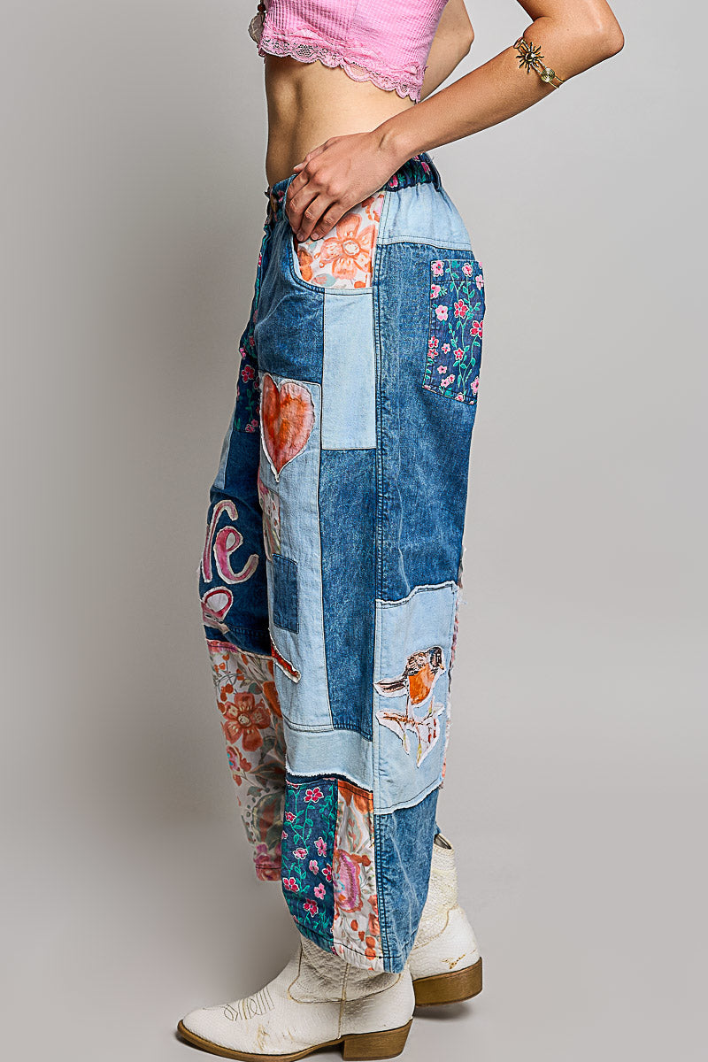POL Clothing women's POL Patchwork Wide-Leg Denim Pants - Denim Multi showing elasticized back waistband and back pockets