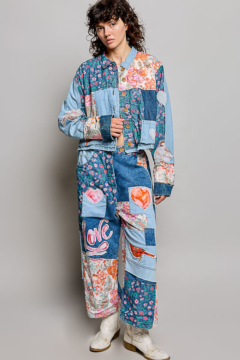 POL Clothing women's POL Patchwork Wide-Leg Denim Pants - Denim Multi styled with heart patches on garden patio