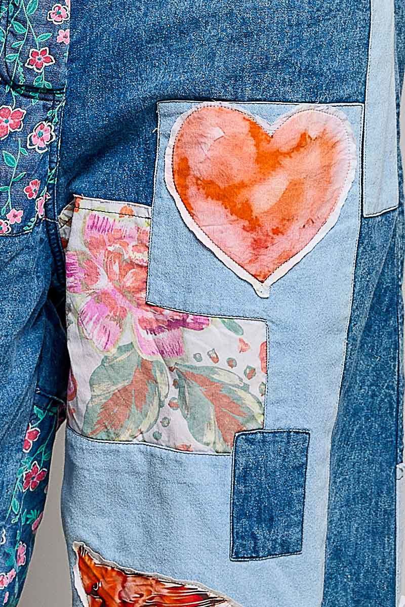 POL Clothing POL Patchwork Wide-Leg Denim Pants - Denim Multi showcasing mixed-print patchwork and boho floral prints