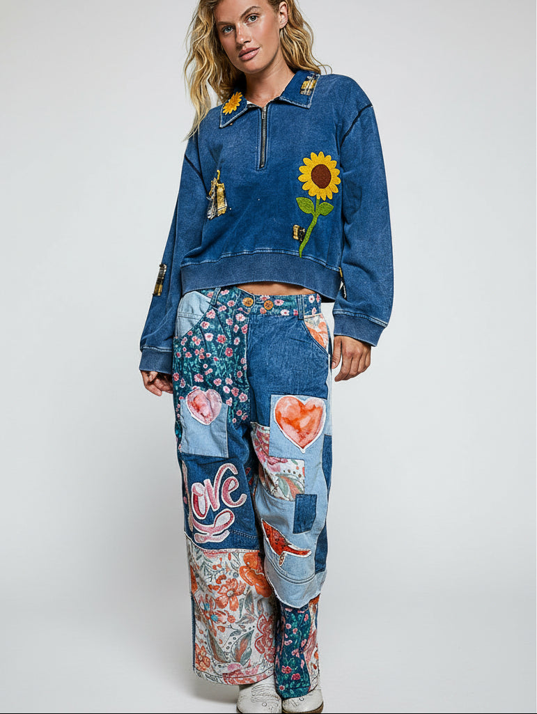 POL Clothing POL Patchwork Wide-Leg Denim Pants - Denim Multi showing Love embroidery, cardinal patch, and wide leg detail