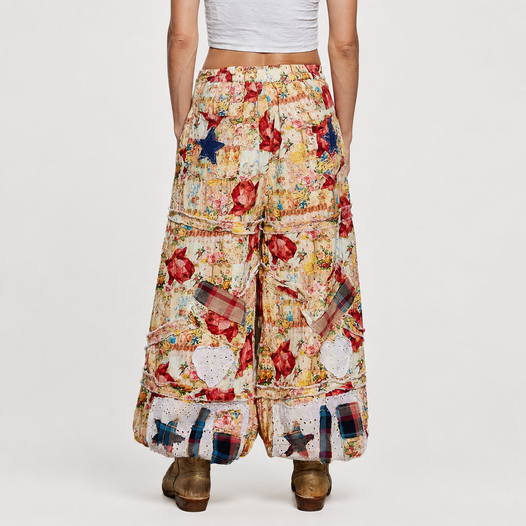 POL Clothing Women's Coral Multi POL Floral Patchwork Jogger Pants featuring elastic waistband and back floral patches