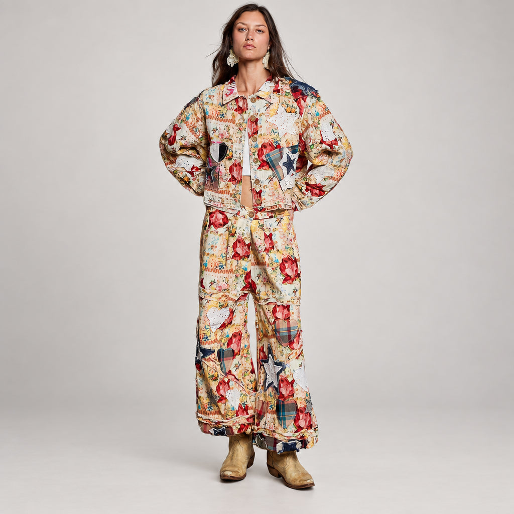 POL Clothing Women's Coral Multi POL Floral Patchwork Jogger Pants styled with matching floral jacket in courtyard