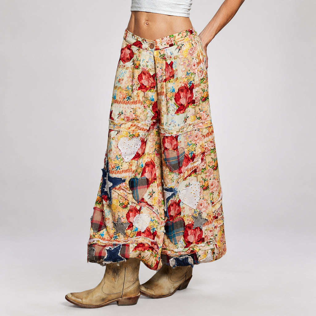 POL Clothing Women's Coral Multi POL Floral Patchwork Jogger Pants featuring elastic waistband and back floral patches