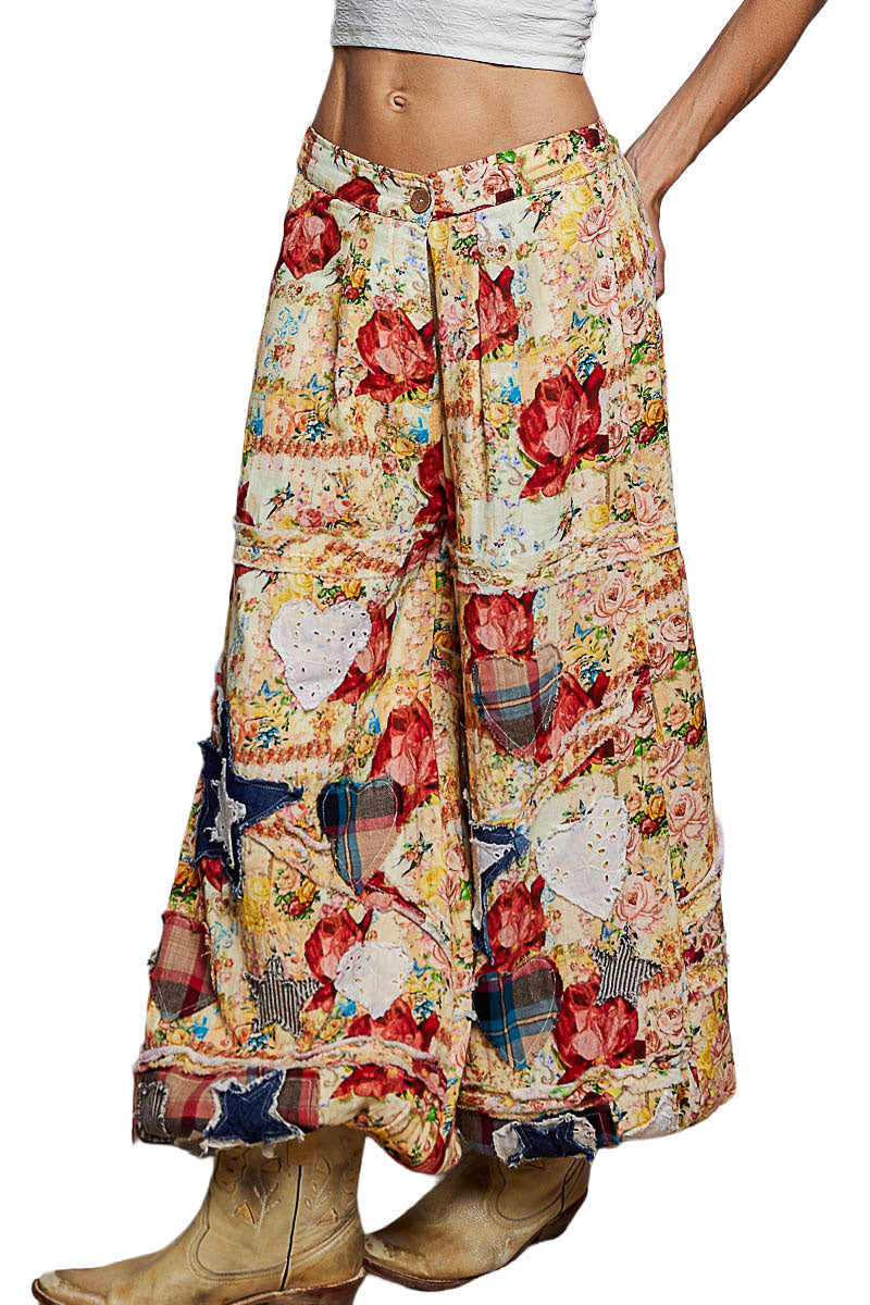 POL Clothing Women's Coral Multi POL Floral Patchwork Jogger Pants featuring elastic waistband and back floral patches
