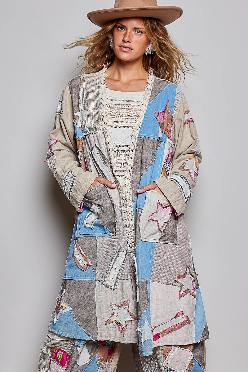 POL Clothing sand multi star patchwork maxi cardigan wholesale view 03