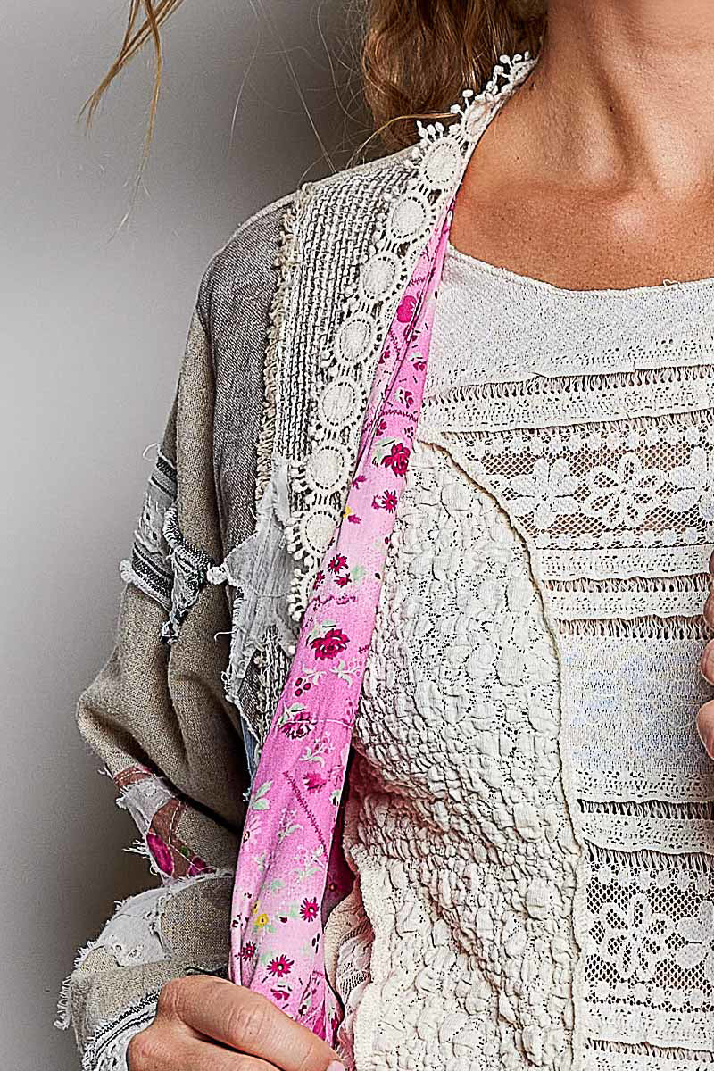 POL Clothing sand patchwork maxi cardigan with denim and star patches view 09